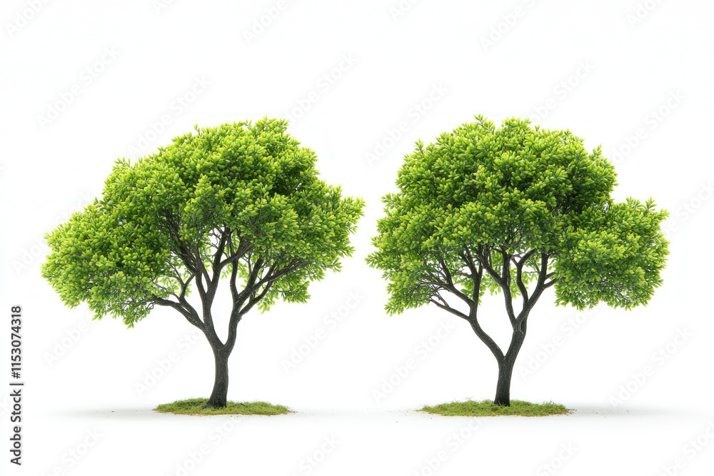 Two trees with green leaves on white background. Two trees with green leaves on white background.