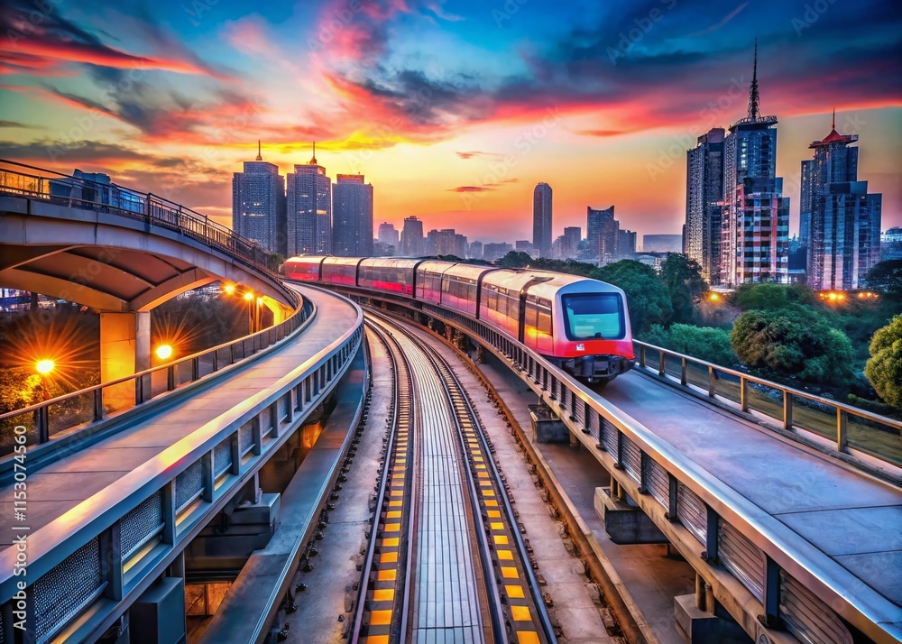 Fototapeta premium Delhi Metro Train Arriving at Elevated Station - Dynamic Urban Transport
