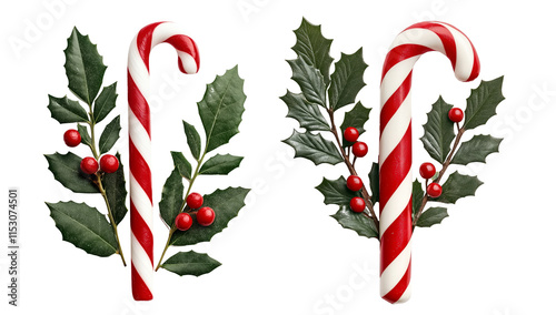 A candy cane nestled among holly leaves and red berries, isolated on transparent white background, capturing holiday spirit photo