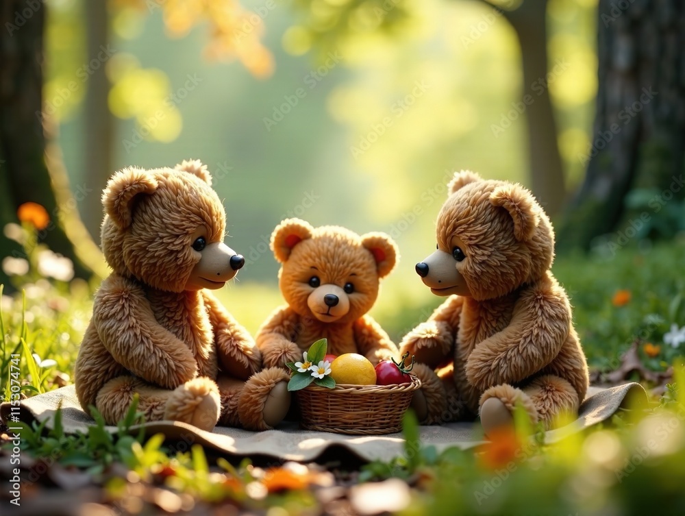 Teddy Bear Family Picnic in the Woods - AI Photo Teddy Bear Family Picnic in the Woods - AI Photo