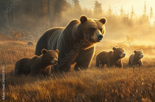 A family of grizzly bears, including cubs and a mother bear, standing in a grassy meadow with tall trees behind them photo