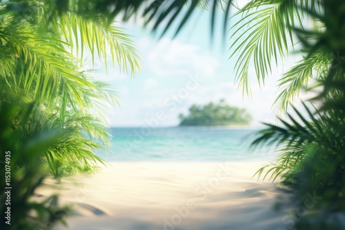 Tropical beach scene viewed through lush palm fronds. (1)