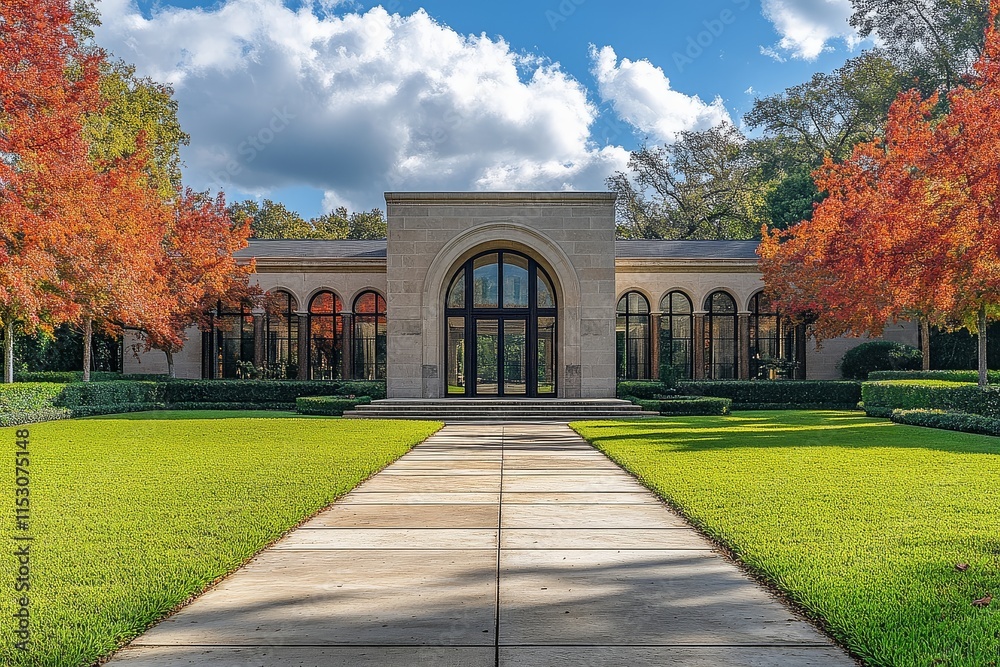 Obraz premium Wide-angle shot of the front entrance to an elegant modern mansion in Houston, Texas, with arched windows, beige stone facade, dark wood accents, and lush green grass.