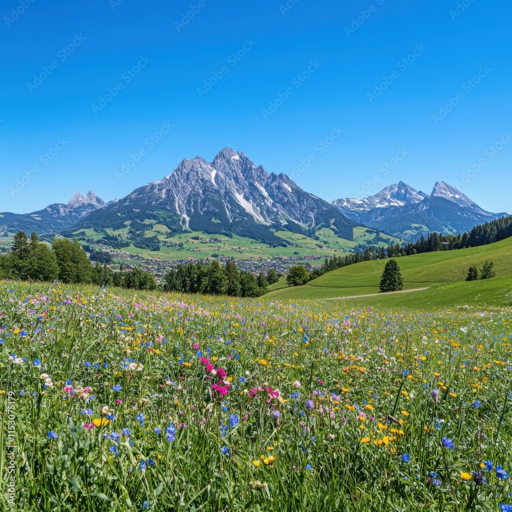 Obraz premium Summer meadow landscape with lake reflections under sunny sky nature photography panoramic view