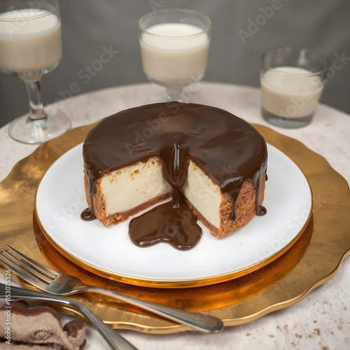 Cheesecake it that has chocolate ganache liquid chocolate pouring out when sliced open on a solid 24k carat gold plate with large glass of cholate milk and perfectly placed utensils. photo