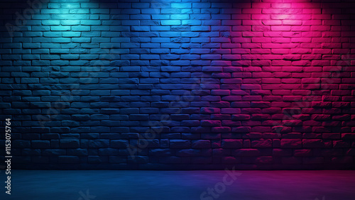 Neon Glow on Black Brick Wall - Pink and Blue Lighting Background photo