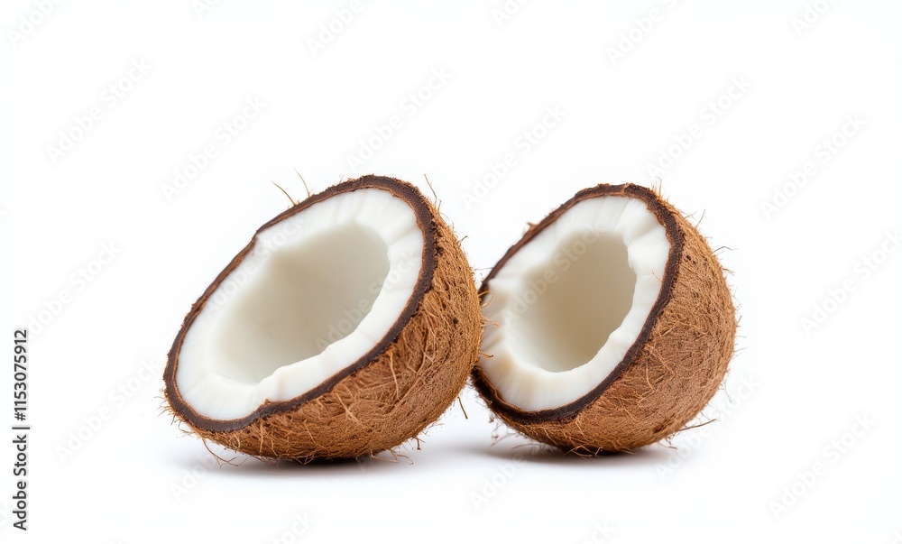 Sliced coconut halves on a white background Sliced coconut halves on a white background
