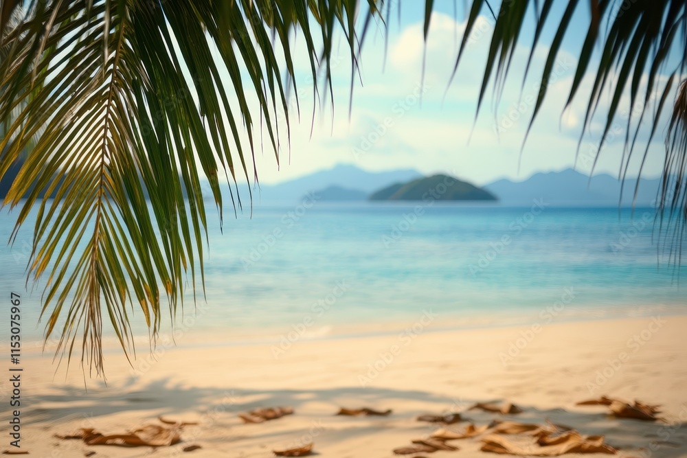 Tropical beach scene with palm fronds, ocean, and islands in the background. Tropical beach scene with palm fronds, ocean, and islands in the background.