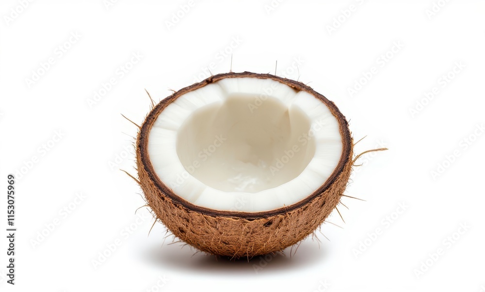 Fresh coconut cut open, showcasing white flesh Fresh coconut cut open, showcasing white flesh
