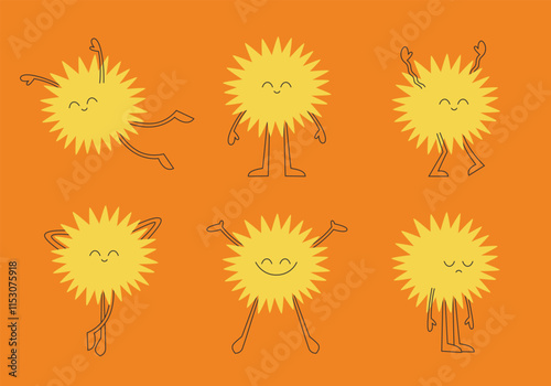 Cute sun in different poses. Character in linear flat style.