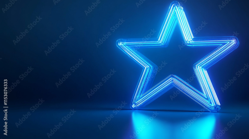 Blue star glowing blue neon with curved light lines and sparkle on dark blue background. Award concept. Vector illustration Blue star glowing blue neon with curved light lines and sparkle on dark blue background. Award concept. Vector illustration
