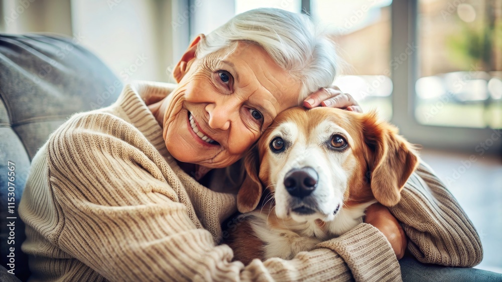 Elderly woman cuddling with her dog at home in close-up portrait , senior, pet, canine, bonding, love, affection, companion Elderly woman cuddling with her dog at home in close-up portrait , senior, pet, canine, bonding, love, affection, companion