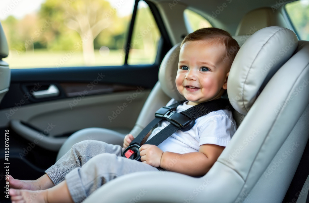 Happy caucasian infant in car seat smiling inside a vehicle Happy caucasian infant in car seat smiling inside a vehicle
