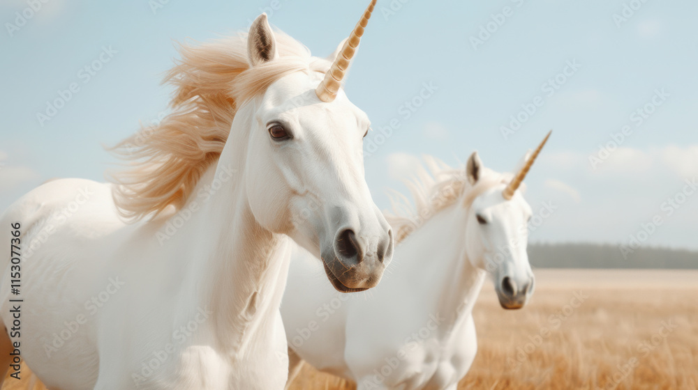 Obraz premium Beautiful cute couple white unicorn horses running in dry grass field and pasture in natural sunset with cloud and blue sky on hill