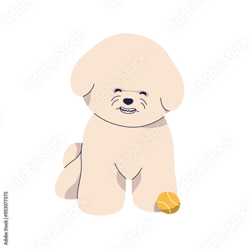 Happy cute Bichon Frise puppy. Funny dog playing with ball. Adorable comic sm...