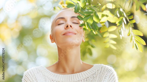 Smiling Caucasian bald woman recovering from cancer is calming down and enjoying a sunny day in garden. Patient female recovering with hope to live in nature.