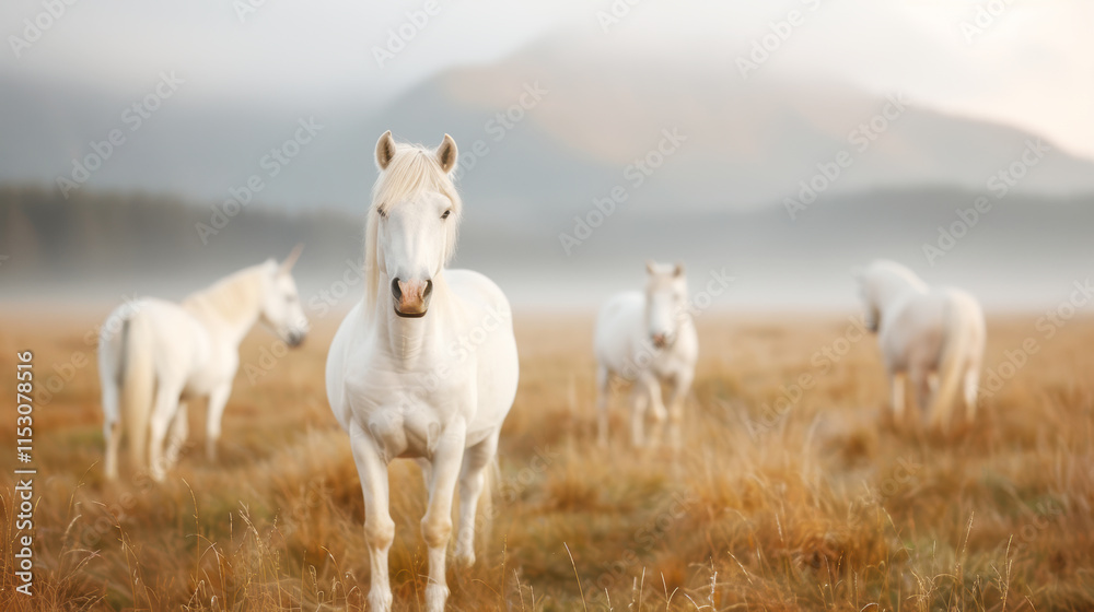 Beautiful white horses standing in dry grass field and pasture in natural sunset with cloud and blue sky on hill Beautiful white horses standing in dry grass field and pasture in natural sunset with cloud and blue sky on hill