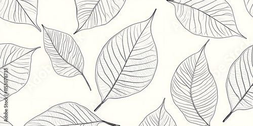 Seamless pattern of delicate line art leaves on white background.