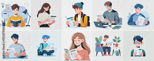 Vector set of a teenager reading an article or blog with a simple flat design style