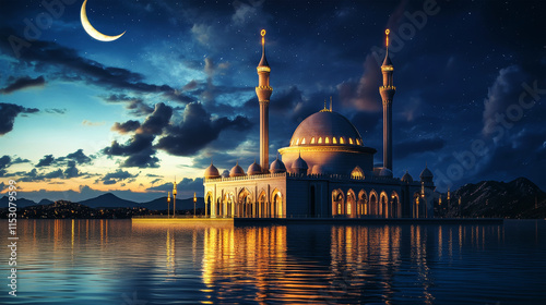 Stunning golden mosque illuminated at night under a crescent moon with glowing reflections in tranquil water photo