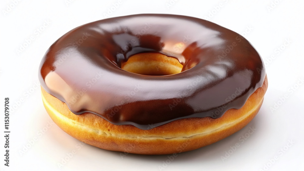 Delicious Glazed Chocolate Donut Isolated on White Background - Stock Photo
