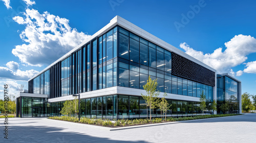 Wallpaper Mural Modern office building adorned with glass and geometric patterns amid a clear blue sky and white clouds Torontodigital.ca