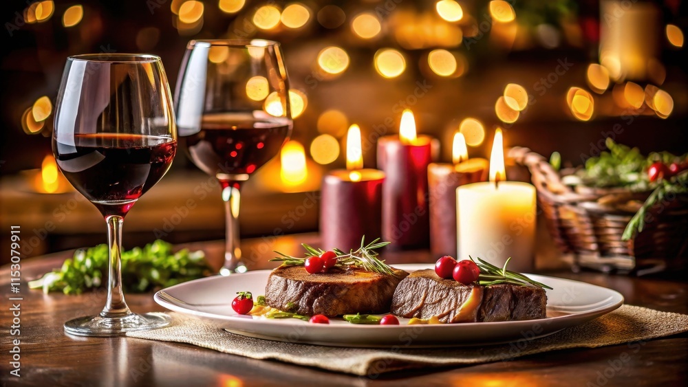 Romantic dinner for two with steak and red wine on a candlelit table, fine dining, table setting Romantic dinner for two with steak and red wine on a candlelit table, fine dining, table setting