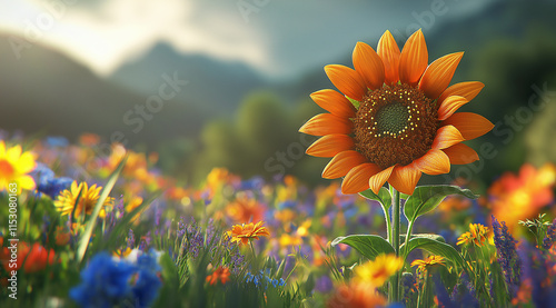 An orange sunflower stands out in the middle of a field full of colorful wildflowers, creating an enchanting and vibrant scene with warm sunlight casting gentle shadows on its peta photo