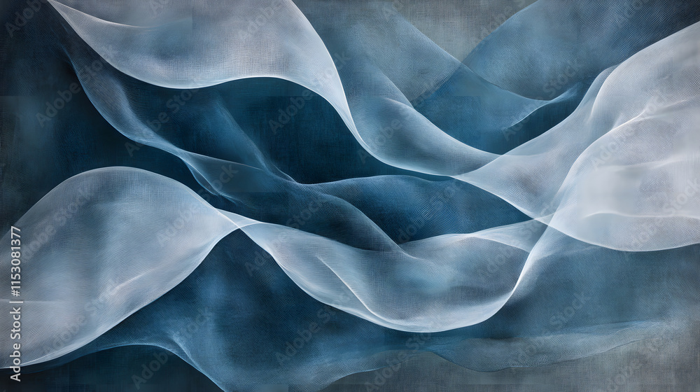 Obraz premium Abstract composition featuring flowing translucent white waves over textured blue background, evoking sense of calm and fluidity