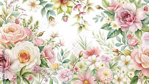 Delicate, hand-painted floral pattern on white background with various types of flowers like roses, lilies and daisies in soft pastel colors, garden style, gentle hues