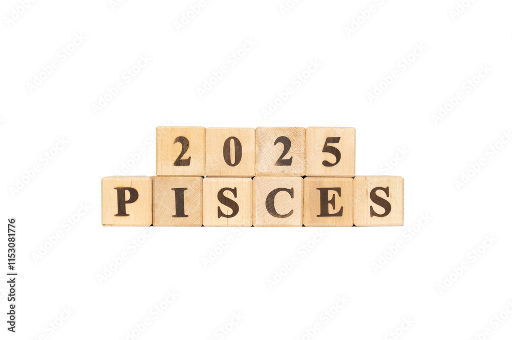 Pisces zodiac sign word in wooden cubes. White background. Set of astrology symbols. Horoscope 2025 February 19 March 20. Pisces zodiac sign word in wooden cubes. White background. Set of astrology symbols. Horoscope 2025 February 19 March 20.