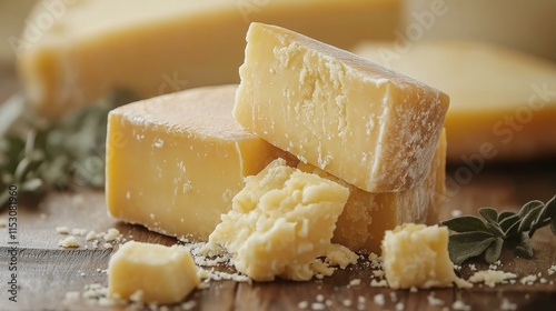 Blocks of aged cheese with fresh sage on a rustic wooden table
