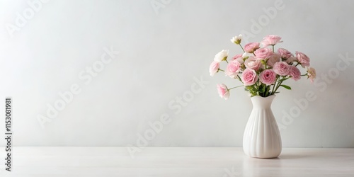 Soft pink flower arrangement in a minimalist vase on a plain white surface, pink flowers