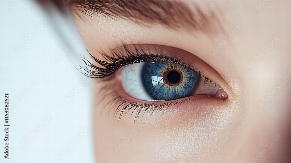 Obraz premium Close-up of a beautiful woman's blue eye with a contact lens, against a white background