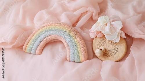A whimsical setup of newborn handmade accessories featuring a knitted rainbow toy in pastel house.