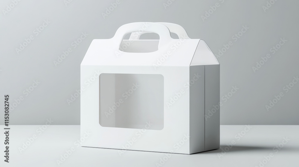 White box with handle and window package mockup. 3d blank carton design for business merchandise and presentation in web. Take away meal container to carry. Isolated food pack for advertising White box with handle and window package mockup. 3d blank carton design for business merchandise and presentation in web. Take away meal container to carry. Isolated food pack for advertising