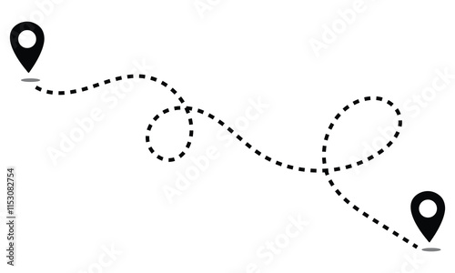 Route location icon, two pin sign and dotted line road, start and end journey symbol, black color vector illustration isolated on white background. 
