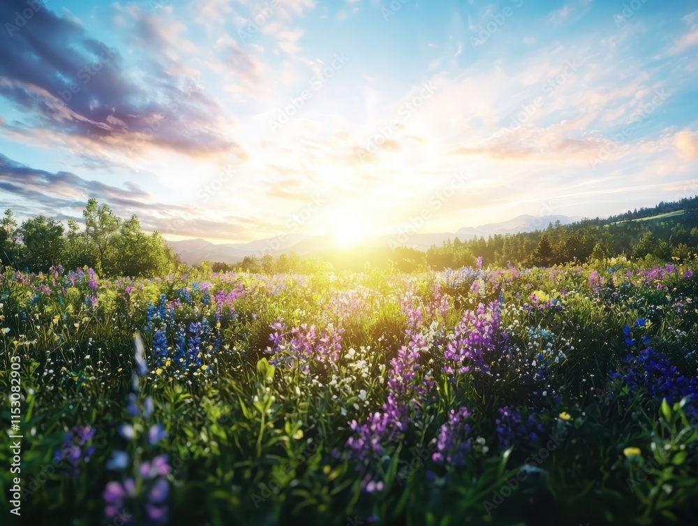 Obraz premium Dawn in a summer flower meadow panoramic view misty atmosphere serene landscape soft morning light