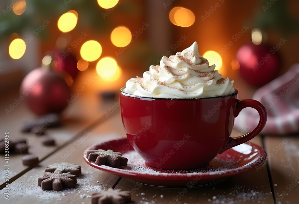 Creamy Christmas drink in pastel mug cozy home vibe, decoration with cinnamon, whipping cream, Pinetree, light, Noel vibe
Creamy Christmas drink in pastel mug cozy home vibe, decoration with cinnamon, whipping cream, Pinetree, light, Noel vibe