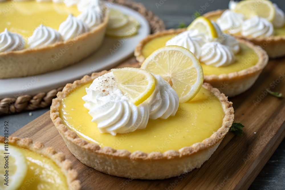 Delicious Lemon Pies with Whipped Cream and Lemon Slices - Stock Photo Delicious Lemon Pies with Whipped Cream and Lemon Slices - Stock Photo
