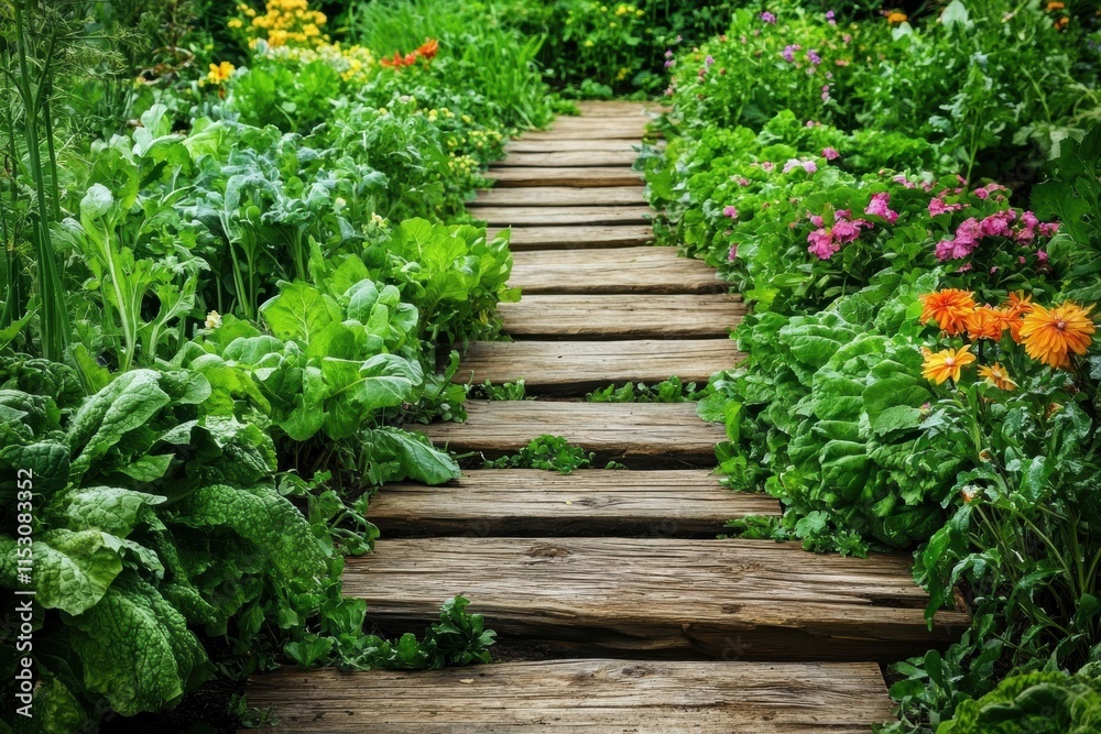 A serene wooden path meanders through a lush garden, bordered by vibrant flowers and leafy greens, inviting exploration and tranquility. A serene wooden path meanders through a lush garden, bordered by vibrant flowers and leafy greens, inviting exploration and tranquility.