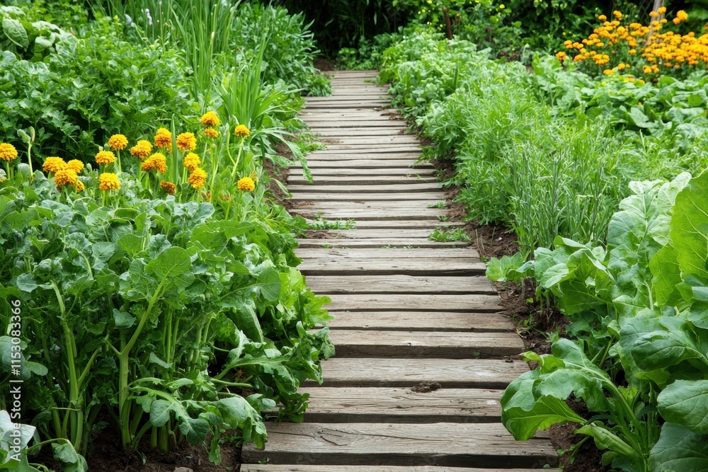 A serene garden path lined with vibrant flowers and lush greenery, inviting visitors to explore nature's beauty.