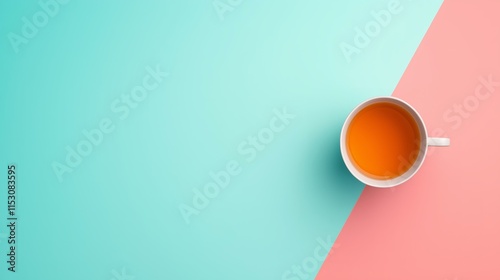 Top down view of a cup of tea on a split turquoise and pink background with a clean style