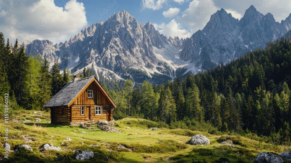 Mountain Cabin Nestled Amongst Majestic Peaks And Lush Forest Mountain Cabin Nestled Amongst Majestic Peaks And Lush Forest