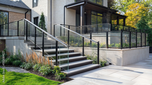 Glass fence section, plexiglass balustrade with metal railing and transparent sheets for pool, home stairways or house balcony. Acrylic banisters or fencing barrier with steel pillars realistic 3d set