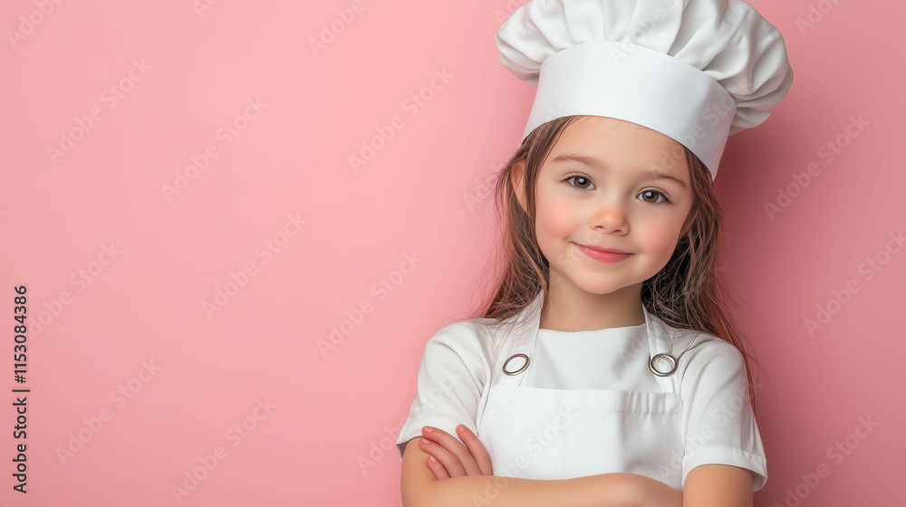 Young cook crossing arms wearing white chef uniform on pink background Young cook crossing arms wearing white chef uniform on pink background