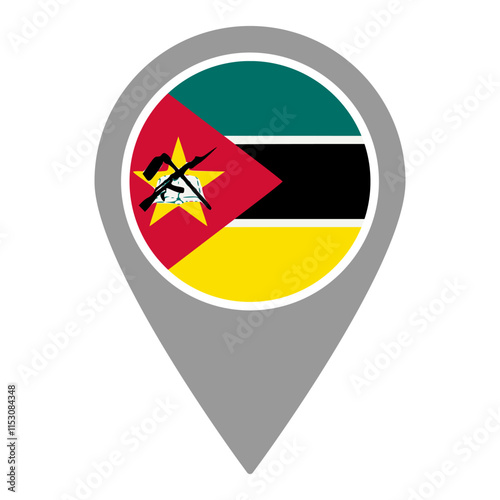 Mozambique flag location pin, flag application, Flag on Location Pin, graphic design, map pointer, vector illustration.