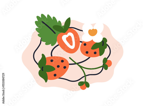 Fresh strawberries in bowl. Ripe red berries served on plate. Sweet healthy snack, vitamin food, natural summer fruit with flower, leaf. Flat vector illustration isolated on white background