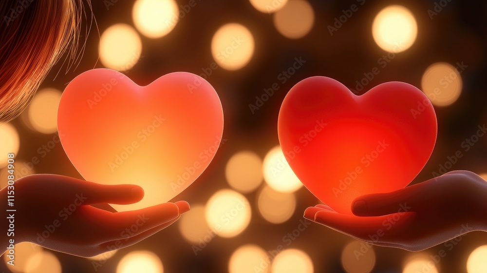 Fototapeta premium Celebrating love with heart-shaped lights romantic setting digital art warm atmosphere close-up emotion expression