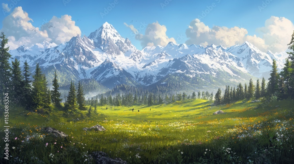 Golden sunset over snowcapped mountain range with grassy field and wildflowers peaceful atmosphere nature landscape Golden sunset over snowcapped mountain range with grassy field and wildflowers peaceful atmosphere nature landscape